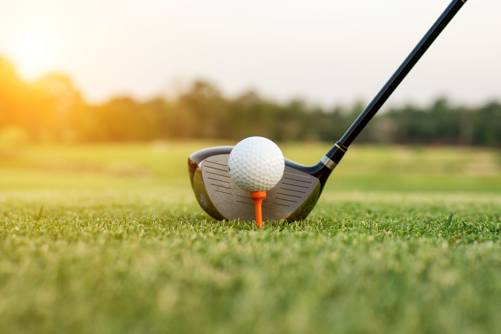 Tête de driver derrière une balle posée sur un tee au soleil couchant