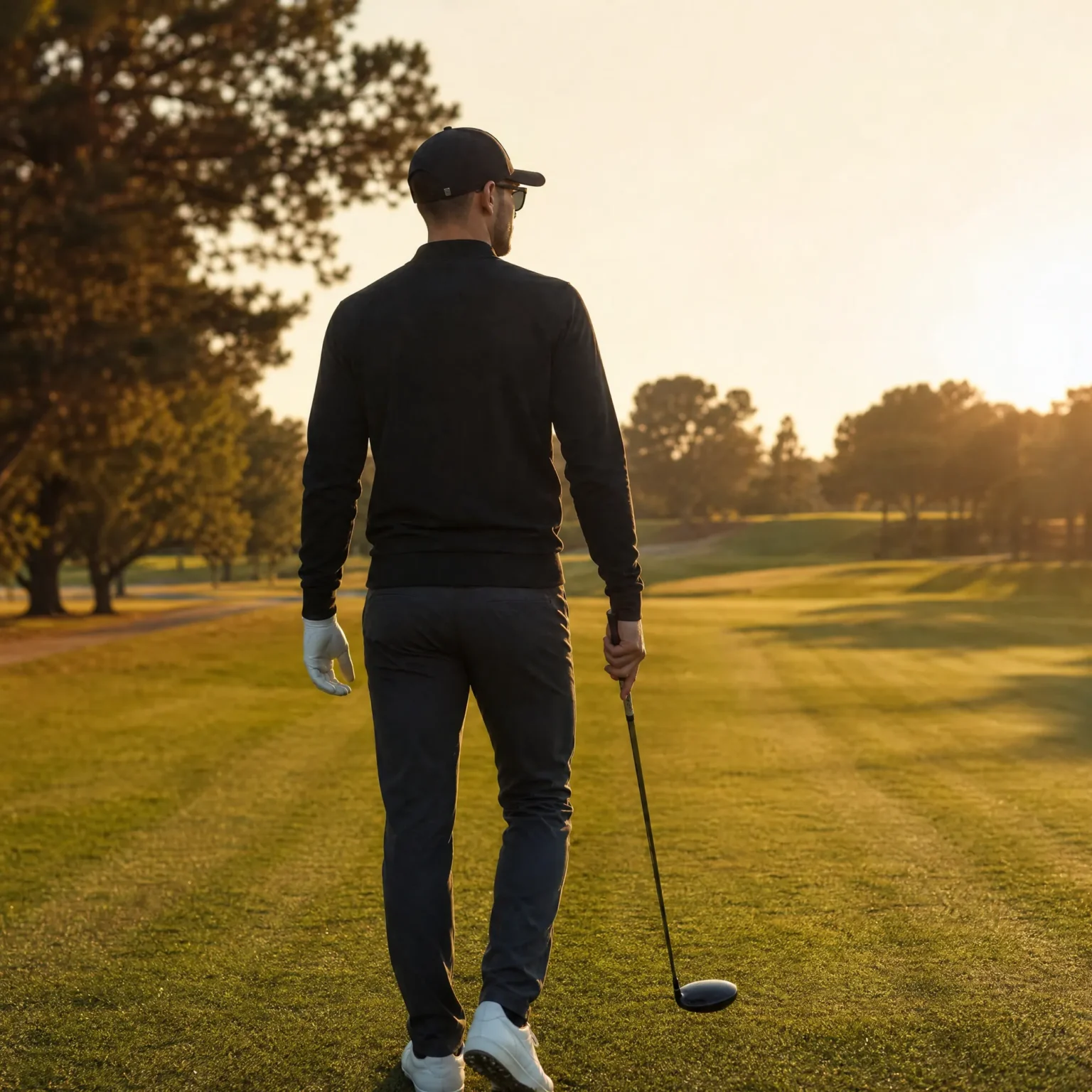 Jérémy, fondateur de JSEM Golf, sur un parcours au coucher du soleil