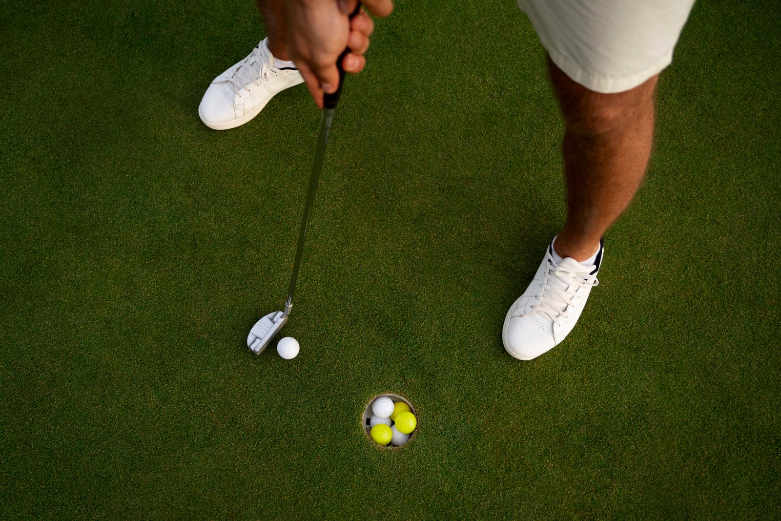 Vue du dessus d’un golfeur à l’adresse, chaussures de golf et balle
